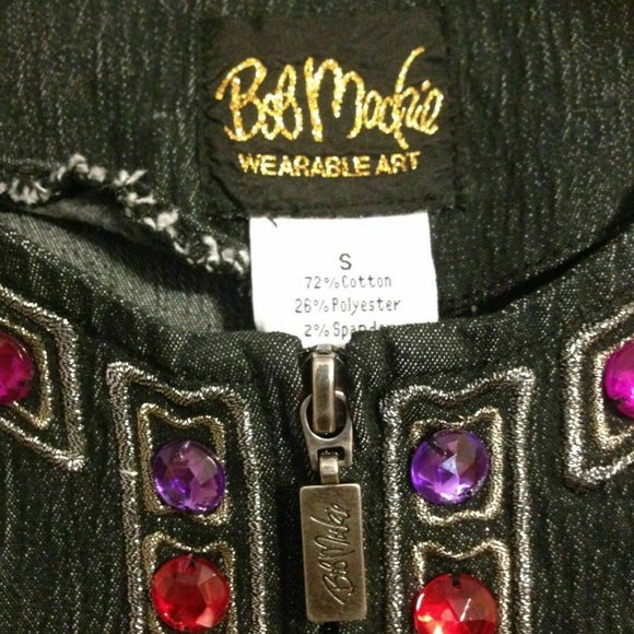 Bob Mackie Wearable Art ~Black Denim Jacket Embroidered Jeweled ~Zip Front ~Sz.S - Picture 3 of 10